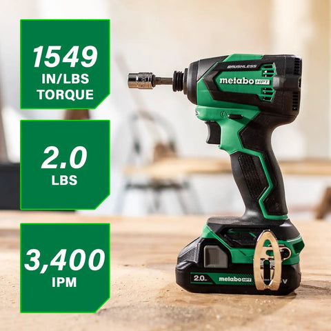 18V MultiVolt Brushless Impact Driver Kit with 2 Batteries displayed on wood surface, showing its compact, lightweight design for tough jobs.