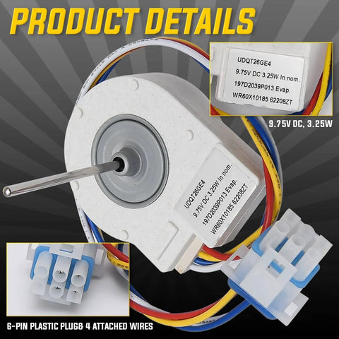 Drop In Evaporator Fan Motor WR60X10185 For GE And Hotpoint Refrigerators Replacement Part AP3875639, 6-pin plug, 4 wires