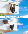 Heavy Duty Solar Security Camera With 4G LTE And Built In Sim Card For Outdoor Wireless Use mounted on wall with solar panel.