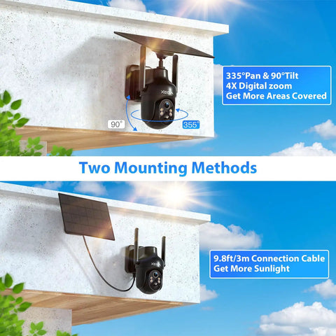 Heavy Duty Solar Security Camera With 4G LTE And Built In Sim Card For Outdoor Wireless Use mounted on wall with solar panel.