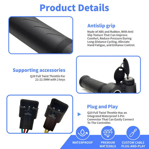 Full Twist Throttle For 3 Pin Universal Ebike And Scooter Upgrade, Waterproof And Plug And Play, Compatible With Ridstar Q20 Series, Q20 Lite Pro H20 Pro E Bikes And Trikes, Durable Throttle Replacement