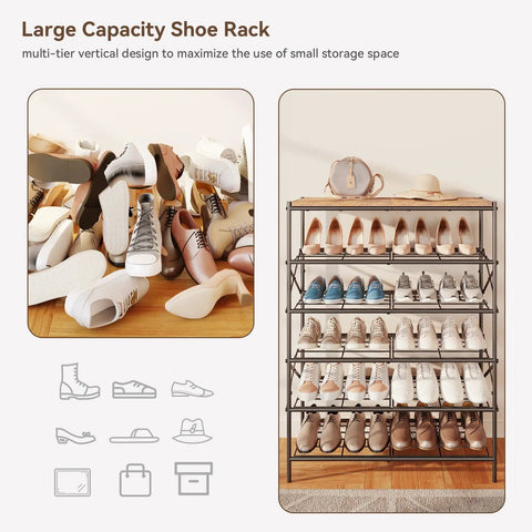 Six Tier Shoe Rack With Large Capacity Built To Stash Up To 24 Pairs Of Shoes In A Tough Metal Frame With Rustic Brown And Black Finish