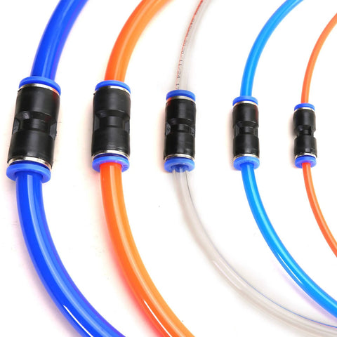 Close-up of five quick-connect pneumatic hose fittings with blue/orange/clear tubes and black adapters (5/32–1/2 in OD).