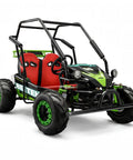 Green two seater go kart for adults and kids, off road 4-stroke engine, top speed around 25 MPH, 8 inch vacuum tires, steel frame