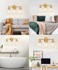 Brushed Brass 3 Light Vanity Wall Sconce with Clear Glass Shades in living room, bedroom, bathroom, and office settings