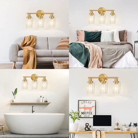 Brushed Brass 3 Light Vanity Wall Sconce with Clear Glass Shades in living room, bedroom, bathroom, and office settings