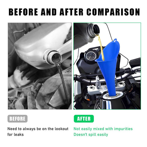 Before and after comparison using Long Neck Oil Funnel For Cars Spill Free Multi Function Plastic Fuel Funnel For Quick Oil And Fluids Fills Universal Engine Lubricant Transfer Tool Durable Reusable Car Accessory Blue