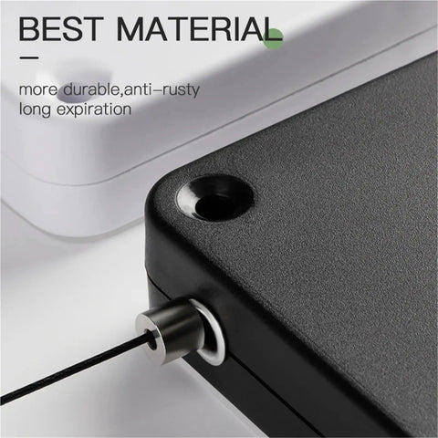 Close-up of Punch Free Automatic Door Closer for Sliding Glass Doors showing durable black material and cable mechanism.