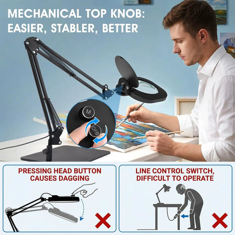 Man using Two In One Magnifying Lamp With Light And Stand For Seniors And Crafts Stepless Color And Brightness Desk Led Clamp Lamp