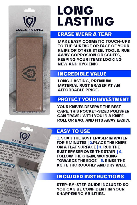 Rust Eraser For Knife Care And Tool Maintenance Quick Polish packaging with instructions and benefits highlighted on the package.