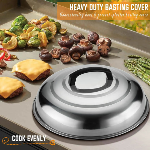 Camping Ready 27 Piece Griddle Accessories Kit for Flat Top Grills with melting dome covering burgers and veggies