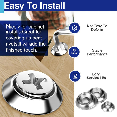 Heavy Duty Stainless Steel Countersunk Washer Assortment Kit Featuring 280 Pieces Across Seven Top Shelf Hardware Sizes crafted in slick metal on a wooden surface.