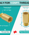 Diagram showing Two Pack Brass Pipe Extender Adapter With Rubber O Ring Half Inch NPT Male To Half Inch NPT Female and sizing info