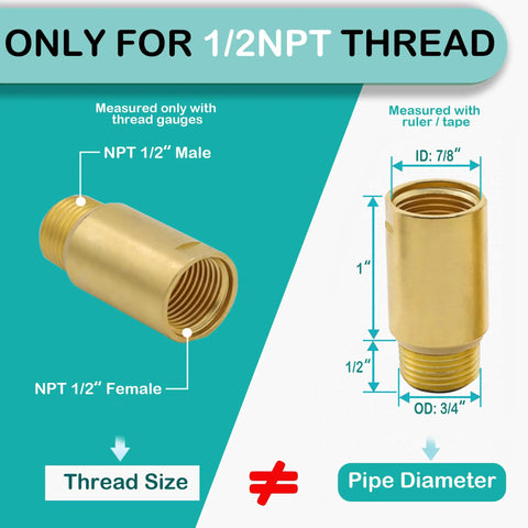 Diagram showing Two Pack Brass Pipe Extender Adapter With Rubber O Ring Half Inch NPT Male To Half Inch NPT Female and sizing info
