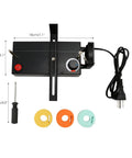 Electric Ribbon Cutter And Sealer With Adjustable Heat Range includes reels, screwdriver, US plug, dimensions shown.