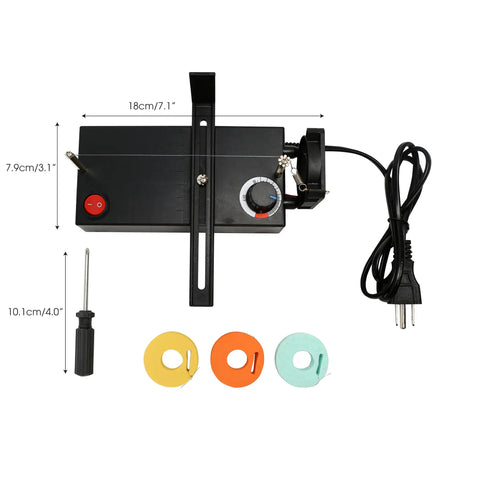 Electric Ribbon Cutter And Sealer With Adjustable Heat Range includes reels, screwdriver, US plug, dimensions shown.