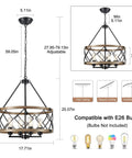 Black Farmhouse Chandeliers For Dining Room Light Fixture with six candle style heads shown with dimensions and ceiling compatibility.