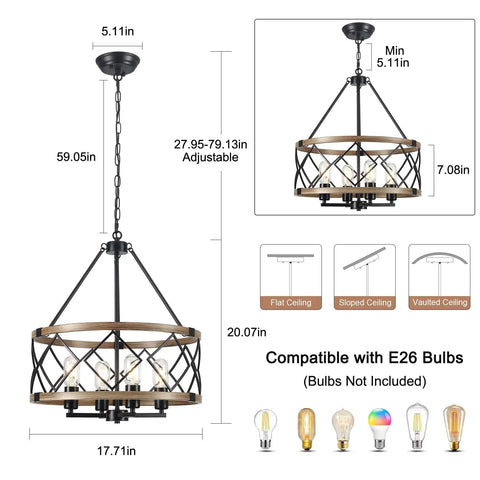 Black Farmhouse Chandeliers For Dining Room Light Fixture with six candle style heads shown with dimensions and ceiling compatibility.