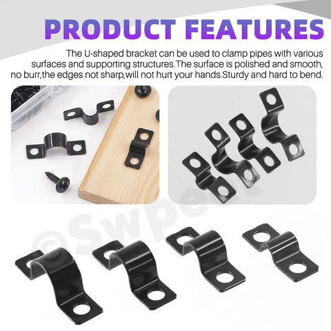 All In One 120Pcs Two Hole U Bracket Clamp Kit with black metal U-shaped clamps and self-tapping screws for pipe fixing