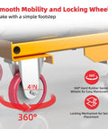 Heavy Duty Hydraulic Lift Cart With 330Lb Capacity, 49.6 Inch Max Lift Height, close-up of red locking swivel wheels