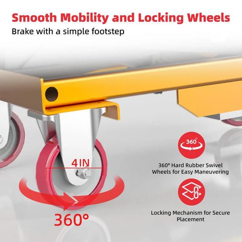 Heavy Duty Hydraulic Lift Cart With 330Lb Capacity, 49.6 Inch Max Lift Height, close-up of red locking swivel wheels