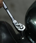 Half Inch Drive Ratchet With Flex Head And 24 Inch Long Handle, 72-Tooth Quick Release Swivel Head Cr-Mo Wrench in use on motorcycle