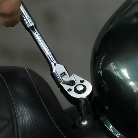 Half Inch Drive Ratchet With Flex Head And 24 Inch Long Handle, 72-Tooth Quick Release Swivel Head Cr-Mo Wrench in use on motorcycle