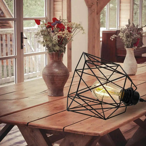 Industrial Plug In Pendant Light With Black Cage Fixture On Off Switch E26 Socket Vintage Farmhouse Hanging Light on wooden table