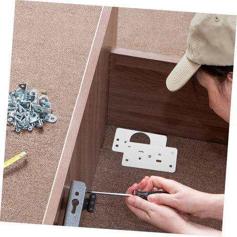 Person installing Stainless Steel Hinge Repair Plate Kit For Cabinets And Furniture Easy Install Quick Fix Hinges, showing parts and tools.