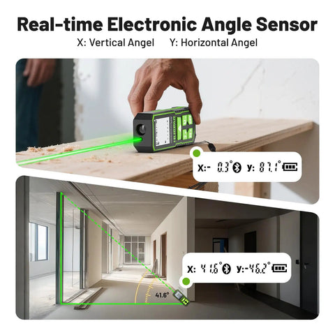 Bluetooth Green Laser Measuring Tool With 395 Ft Range S120-G-BT, No Fuss Smart App Control For Quick Measurements, Instant Phone Sync, Group Data Access, Annotated Photos, And Easy Sketching. Laser angle sensor on wood and hallway wall.