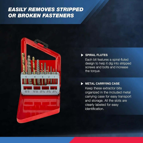 NEIKO 01925A 10-piece screw-extractor and left-hand drill-bit set in red carrying case with labeled bit slots