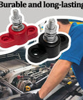 2 Pack Heavy Duty Car Battery Junction Post Blocks featuring red and black nylon bases with stainless steel posts for 12 volt upgrades.
