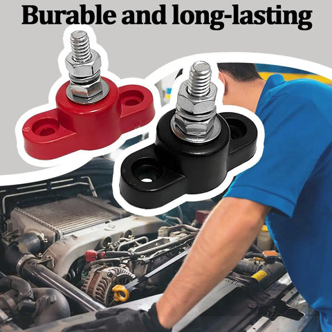 2 Pack Heavy Duty Car Battery Junction Post Blocks featuring red and black nylon bases with stainless steel posts for 12 volt upgrades.