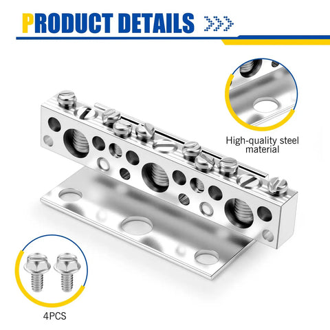 Ground Bar Kit With 11 Terminal Ground Bus Bar No 14-6 Small And 14-1/0 Large Opening 2 Pack Heavy Duty Grounding Busbar