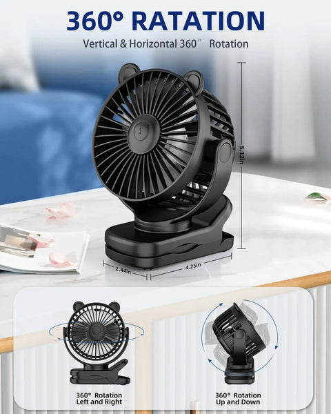 Portable Clip On Fan For Desk And Stroller, USB Rechargeable Mini Table Fan With 360 Degree Rotation, 3 Speeds on white surface