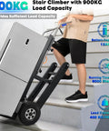 Heavy Duty Electric Stair Climbing Dolly With 1250W Motor And 900Lb Capacity used on stairs carrying a refrigerator.