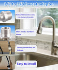 Lead-Free RV Faucet Adapter 1/2 to 3/8 Reducer for No-Fuss Faucet Hookups - Stainless Steel 304 Compression Fittings displayed on a kitchen sink