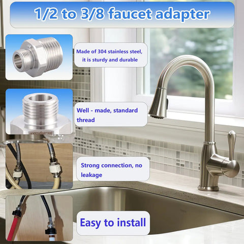 Lead-Free RV Faucet Adapter 1/2 to 3/8 Reducer for No-Fuss Faucet Hookups - Stainless Steel 304 Compression Fittings displayed on a kitchen sink