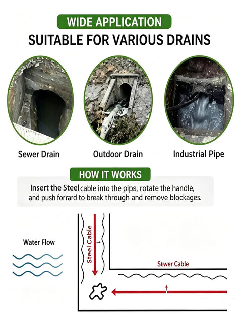 Hardcore Manganese Steel Drain Auger Tape For Yanking Out Gnarly Pipe Clogs Tough As Nails Highly Resistant To Bending Professional Plumbing Essential Tool, illustrations of various drain types and usage instructions.