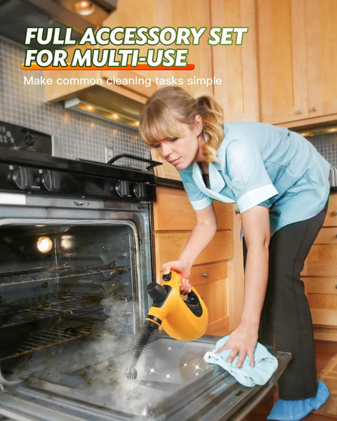 Ultimate Handheld Steam Cleaner For Home Use With 11 Accessories And 350Ml Tank in use while cleaning an oven.