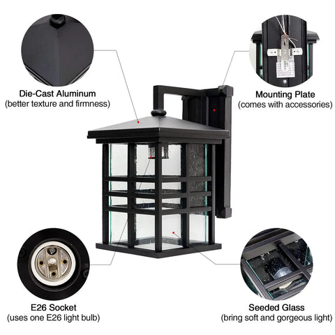 Weatherproof Outdoor Wall Sconce Lantern, 1 Light Black Exterior Fixture With Seeded Glass, Anti Rust Aluminum details