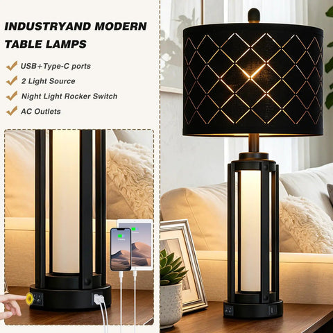 Dope 28 Inch Tall Modern Table Lamps Set Of 2 For Living Room And Bedroom Black Industrial Metal Frame With Warm Glow Night Light Easy Lampshade Assembly USB A And Type C Charging Ports, black table lamp with USB-C ports and night light