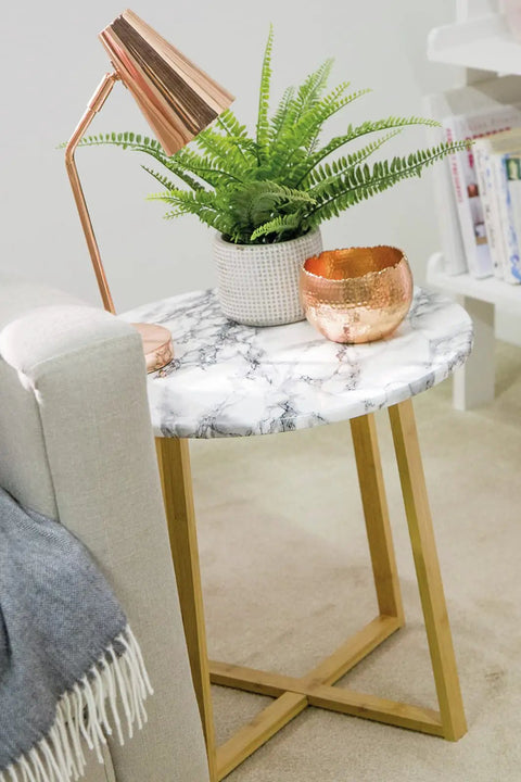 Side table with Marble White Self Adhesive Film Roll For Walls Cabinets And Furniture Peel And Stick DIY Home Decor Transform Surfaces Quickly 17 By 78 Inch Roll Ideal For DIY Projects And Quick Room Updates covered top, lamp, and plant decor