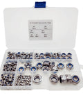 Badass 304 Stainless Steel Hex Lock Nuts Kit 170 Count Nylon Insert Fastener in organized plastic case for various uses.