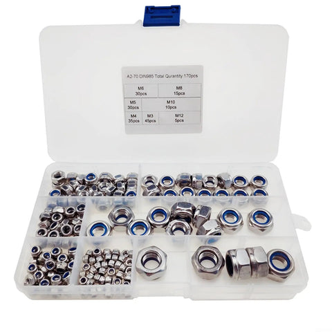 Badass 304 Stainless Steel Hex Lock Nuts Kit 170 Count Nylon Insert Fastener in organized plastic case for various uses.