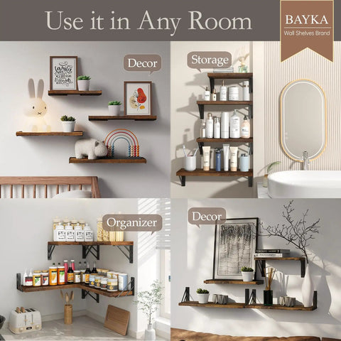 Rustic Wood Floating Wall Shelves Set Of Four Corner Shelves in bathroom and living room storage setup with decor and essentials.
