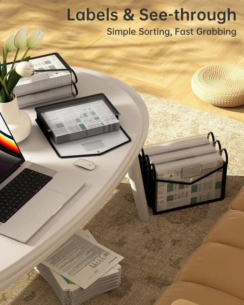 Black Transparent Expanding File Folder 7 Pack With Snap Closure No Dividers Large Capacity 13 By 9.8 Inch Expansion Up To 2.75 Inches Holds 1000 Sheets Color Coded Writable Labels For Bills Taxes School Office Home on office desk