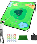 Ultimate 70 By 70 Inch Golf Chipping Game Mat with golfer practicing, target areas marked, accessories, carry bag shown, for indoor and outdoor use