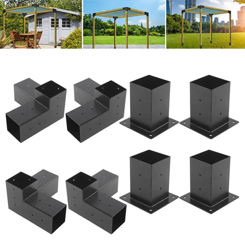 Rock Solid 3 Way Corner Post Brackets For 6 X 6 Lumber And Black Powder Coated Steel Deck Hardware With Hella Tough Outdoor Woodstand Connectors Plus Smooth Easy Assembly Eight Piece Set, showing eight black steel corner brackets.