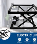 Heavy Duty Electric Scissor Lift Table That Cranks Up 45 Kilos Smooth Like Butter With Wireless Wired Controller For Mobile Workbench And Display Stand Setup No Messing Around, showing black steel frame and copper motor.